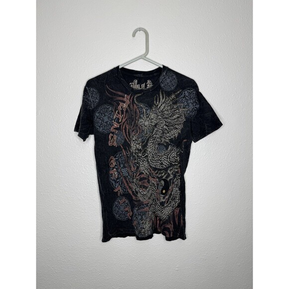 Ring of Fire Affliction Style DRAGON Y2K Sz M Metallic Silver Shiny T Shirt AOP - Picture 1 of 13